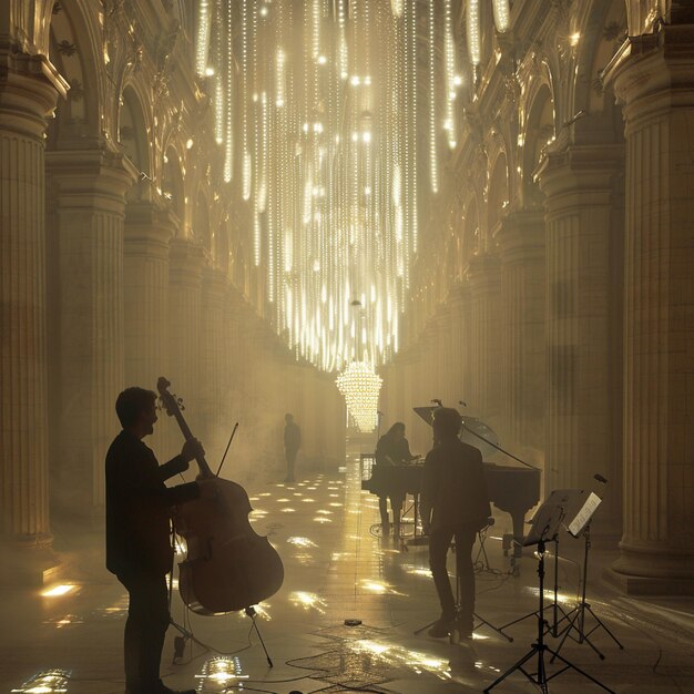 Photo a man playing a cello in a hall with a sign that says  music