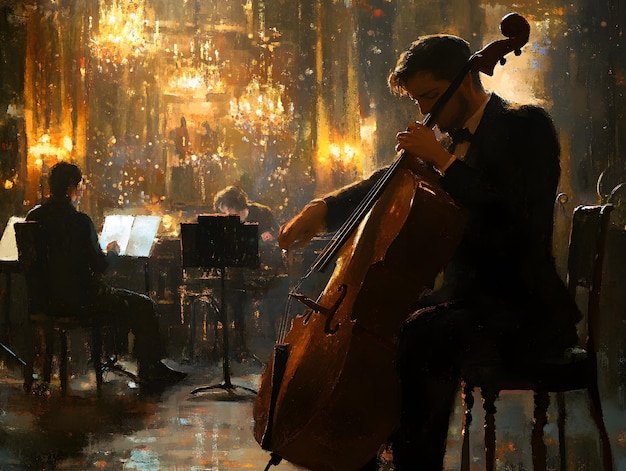 a man playing a cello in a rain scene