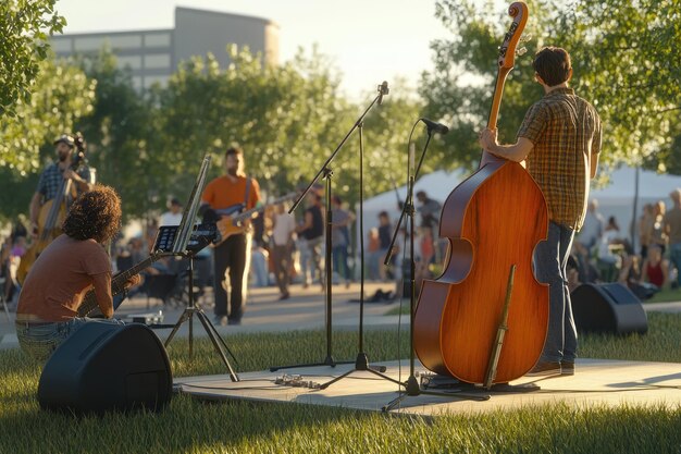 Photo a man playing a cello on a stage with a cello on it