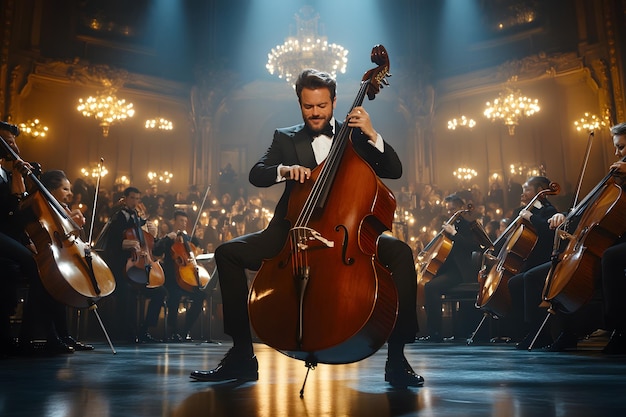 a man playing a cello on stage with other musicians in the background