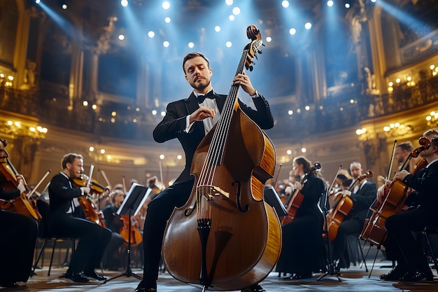 a man playing a cello on stage with other musicians