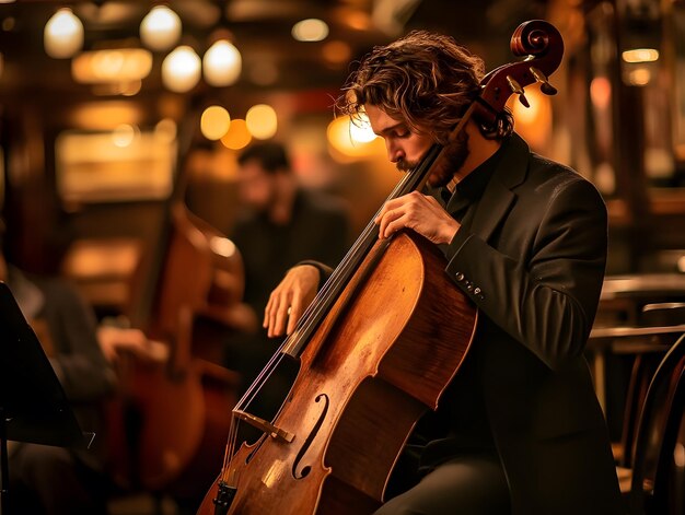 a man playing a cello with a band in the background