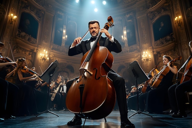 a man playing cello with a cello in front of him