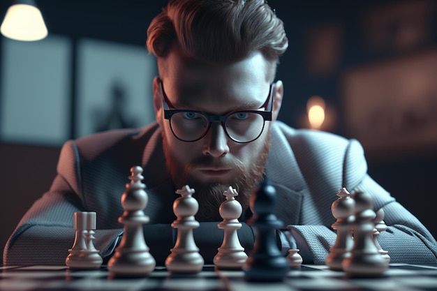 A man playing chess with a black chess piece.