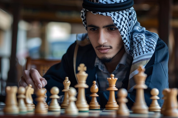 a man playing chess with a head scarf