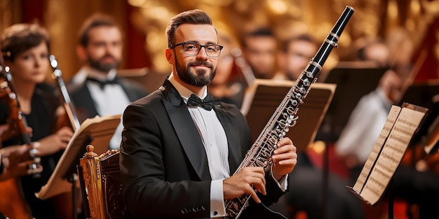 Photo a man playing a clarinet with a clarinet in the background