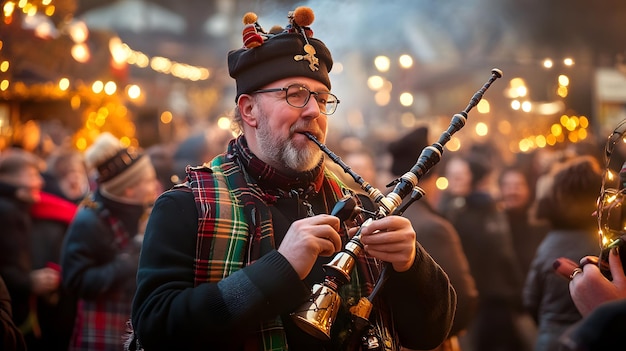 Photo a man playing a clarinet with a hat on his head