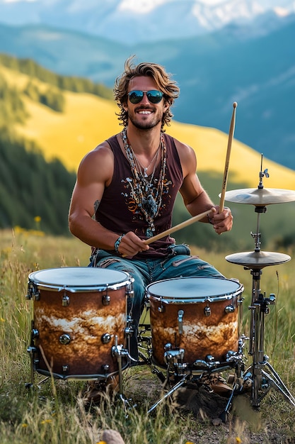 Photo a man playing a drum set with a mountain in the background