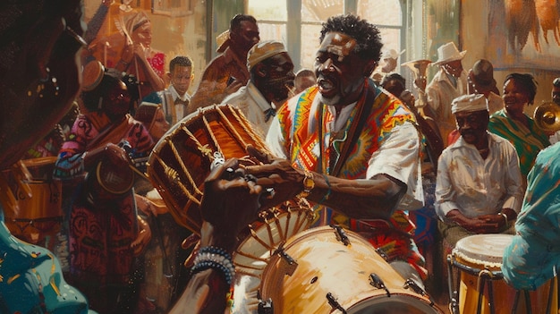 a man playing the drums with a colorful cloth on his chest