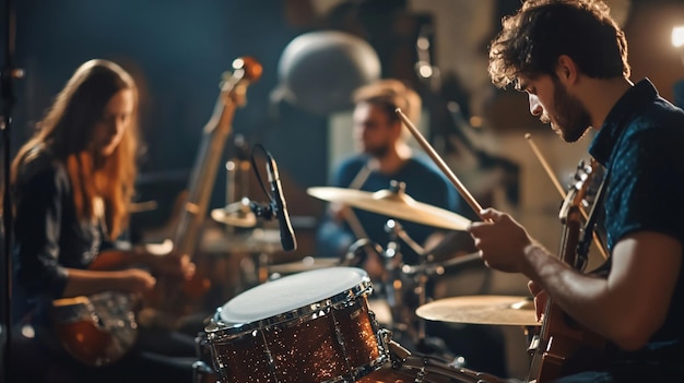 Photo a man playing drums with a drummer in the background