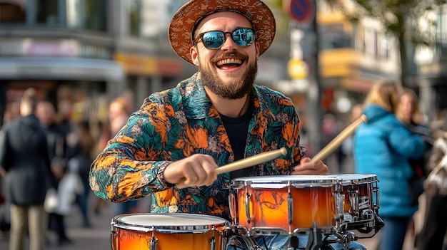 Photo a man playing drums with a hat on his head