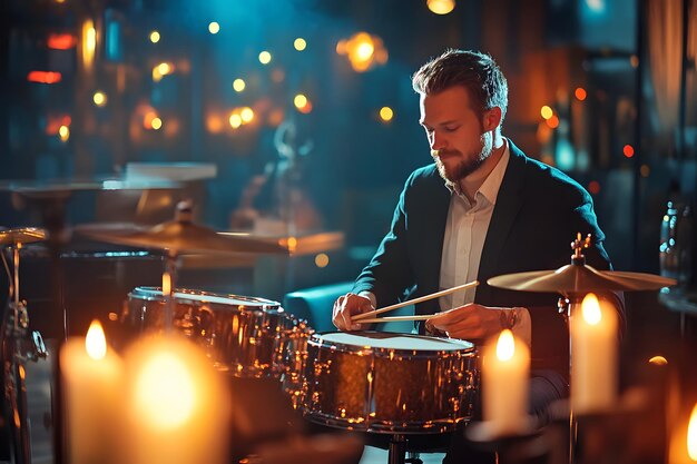 Photo a man playing drums with a lit candle behind him