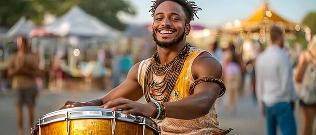 Photo a man playing the drums with a smile on his face