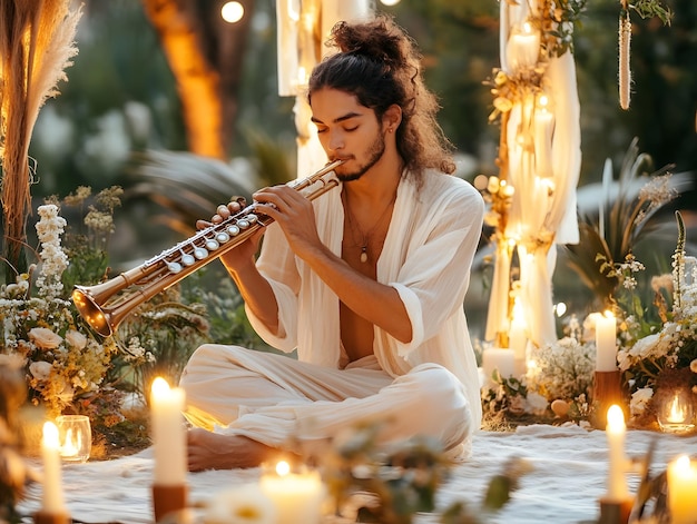 a man playing a flute with a lit candle behind him