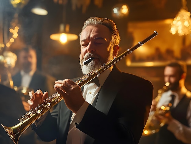 a man playing a flute with other men in the background