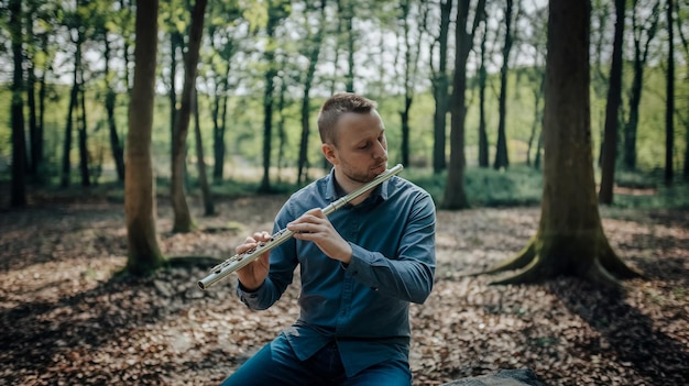 Photo a man playing a flute in the woods