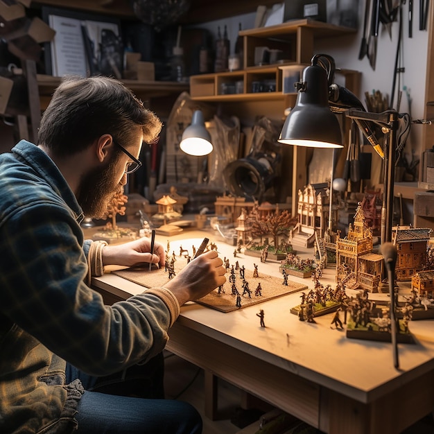 Photo a man playing a game of chess with a lamp on the table