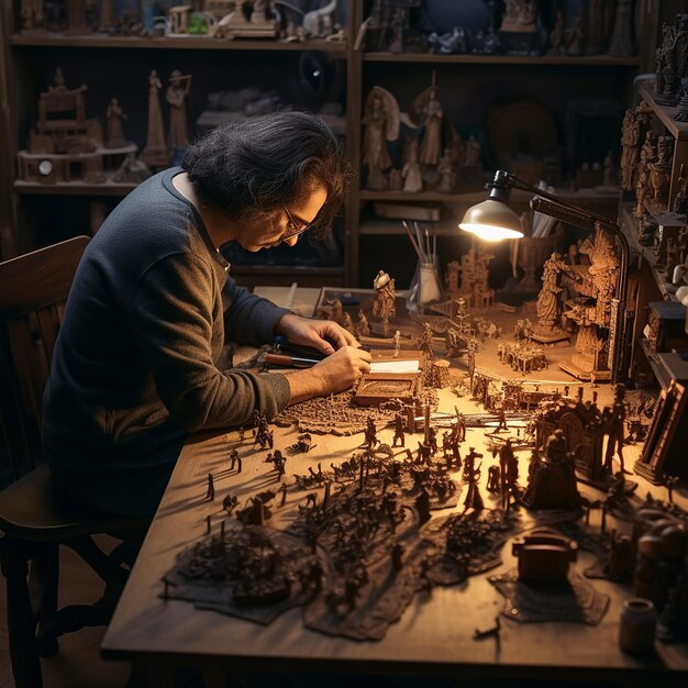 Photo a man playing a game of chess with a lamp on the table