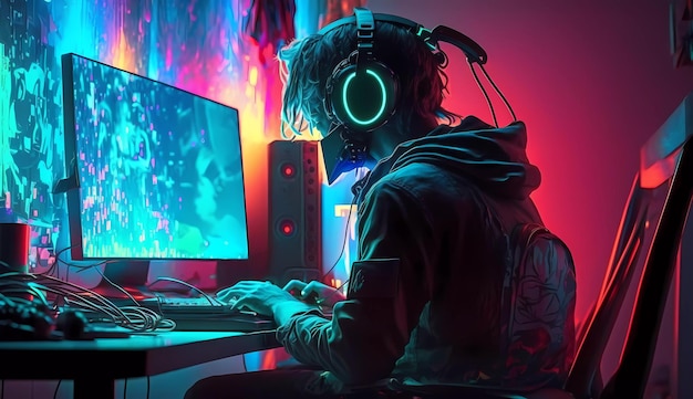 A man playing a game with a headphone and a laptop.