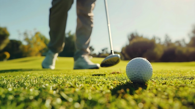 Man playing golf closeup on golf ball on green field sport background template copy space area