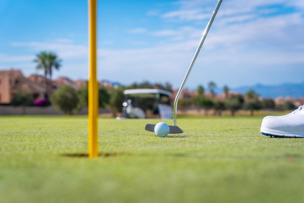 Man playing golf hitting the ball on the green with the putter