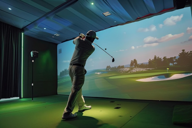 Photo man playing golf in indoor simulator room hitting ball on screen