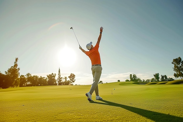 a man playing golf is about to hit the ball