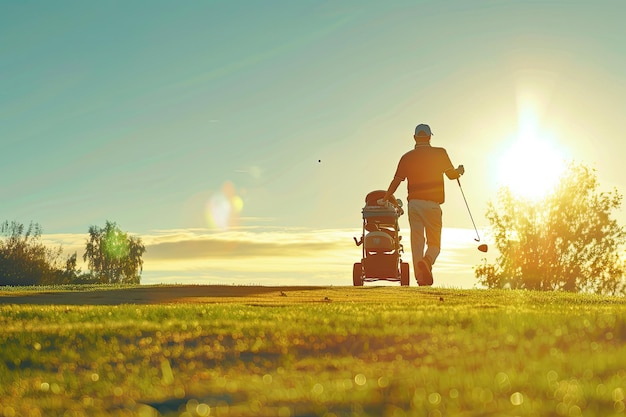 Man playing golf picking up the club after the release in the club bag and placing it in the buggy