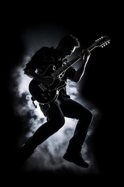 A man playing a guitar in the dark with the words " the word rock " on the bottom.