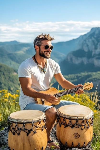 a man playing a guitar in a field of flowers