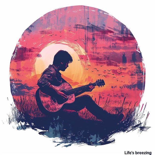 a man playing guitar in a field with a sunset in the background