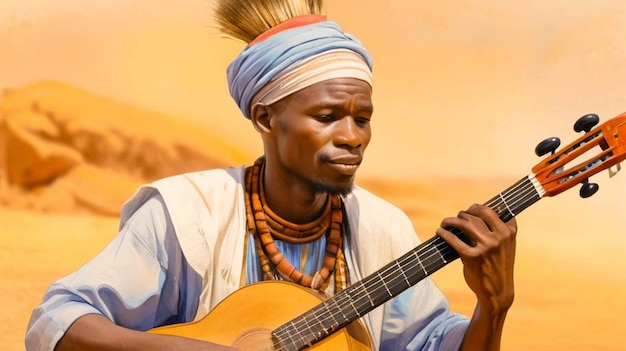 a man playing a guitar in front of a desert background