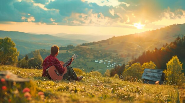 Photo a man playing guitar and a girl sitting on a hill playing guitar