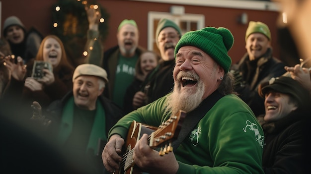 Man Playing Guitar in Green Outfit on Stage at Music Festival St Patricks Day