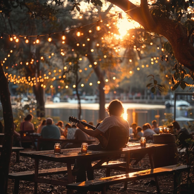 a man playing guitar at a picnic table with the sun behind him