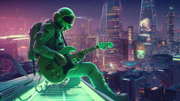 A man playing guitar on a rooftop with a city in the background