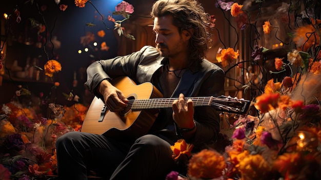 A man playing a guitar in a room with flowers and a background of flowers.