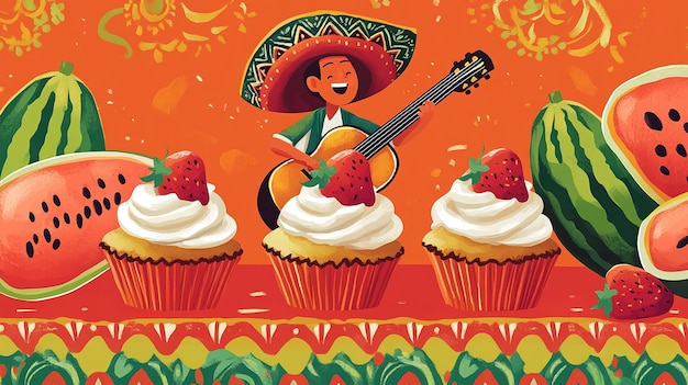 Photo a man playing guitar next to some cupcakes with a cake on it