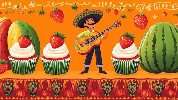 Photo a man playing guitar next to some cupcakes with a cake on it