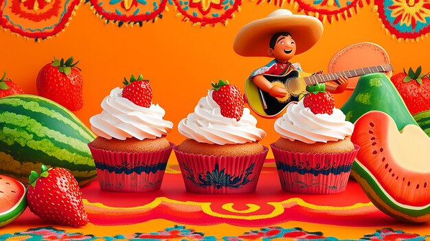 a man playing guitar next to some cupcakes with a cake on it