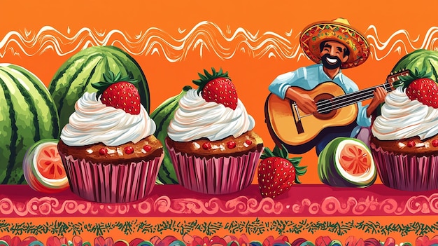 a man playing guitar next to some cupcakes with a cake on it