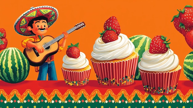 a man playing guitar next to some cupcakes with a cake on it