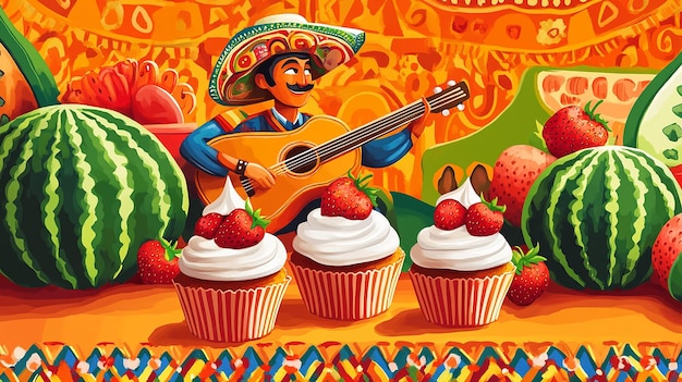 Photo a man playing guitar next to some cupcakes with a cake on it