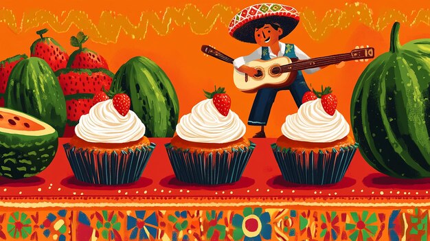 Photo a man playing guitar next to some cupcakes with a cake on it