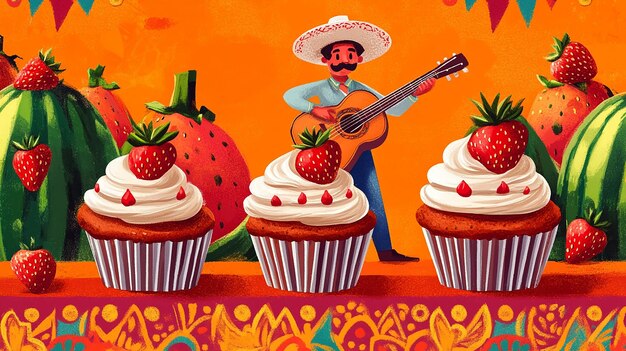 a man playing guitar next to some cupcakes with a cake on it