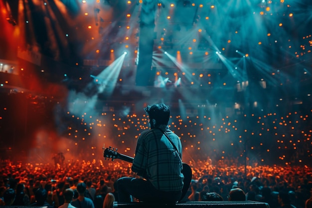 a man playing guitar on stage with lights in the background