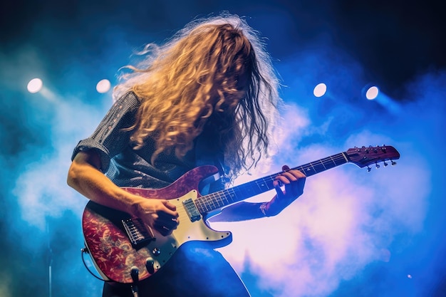 A man playing a guitar on stage with smoke coming out of his face.