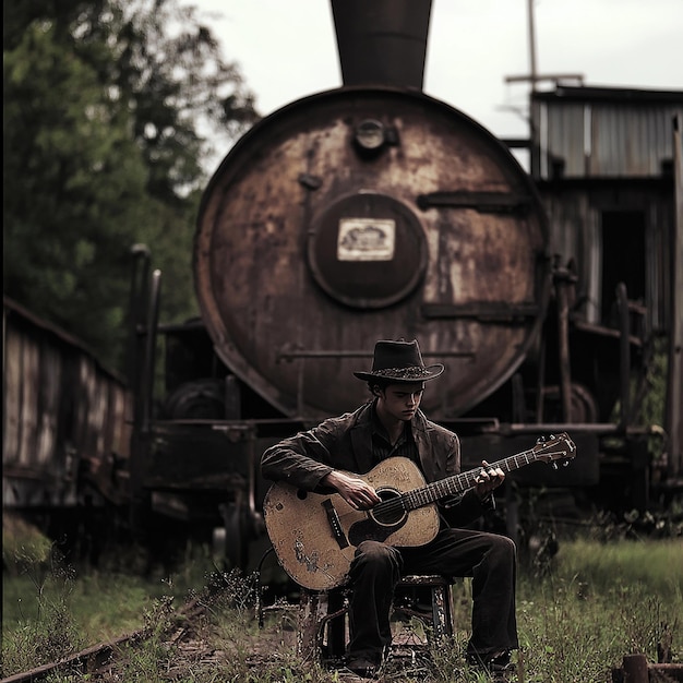 Photo a man playing guitar next to a train with a sign that says quot free quot on it