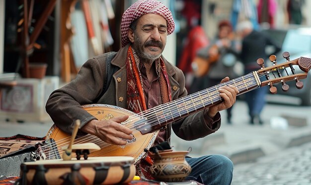 a man playing a guitar with a band on his head