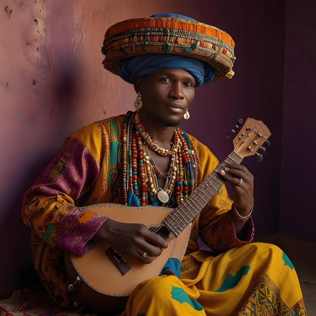 Photo a man playing a guitar with a colorful outfit on